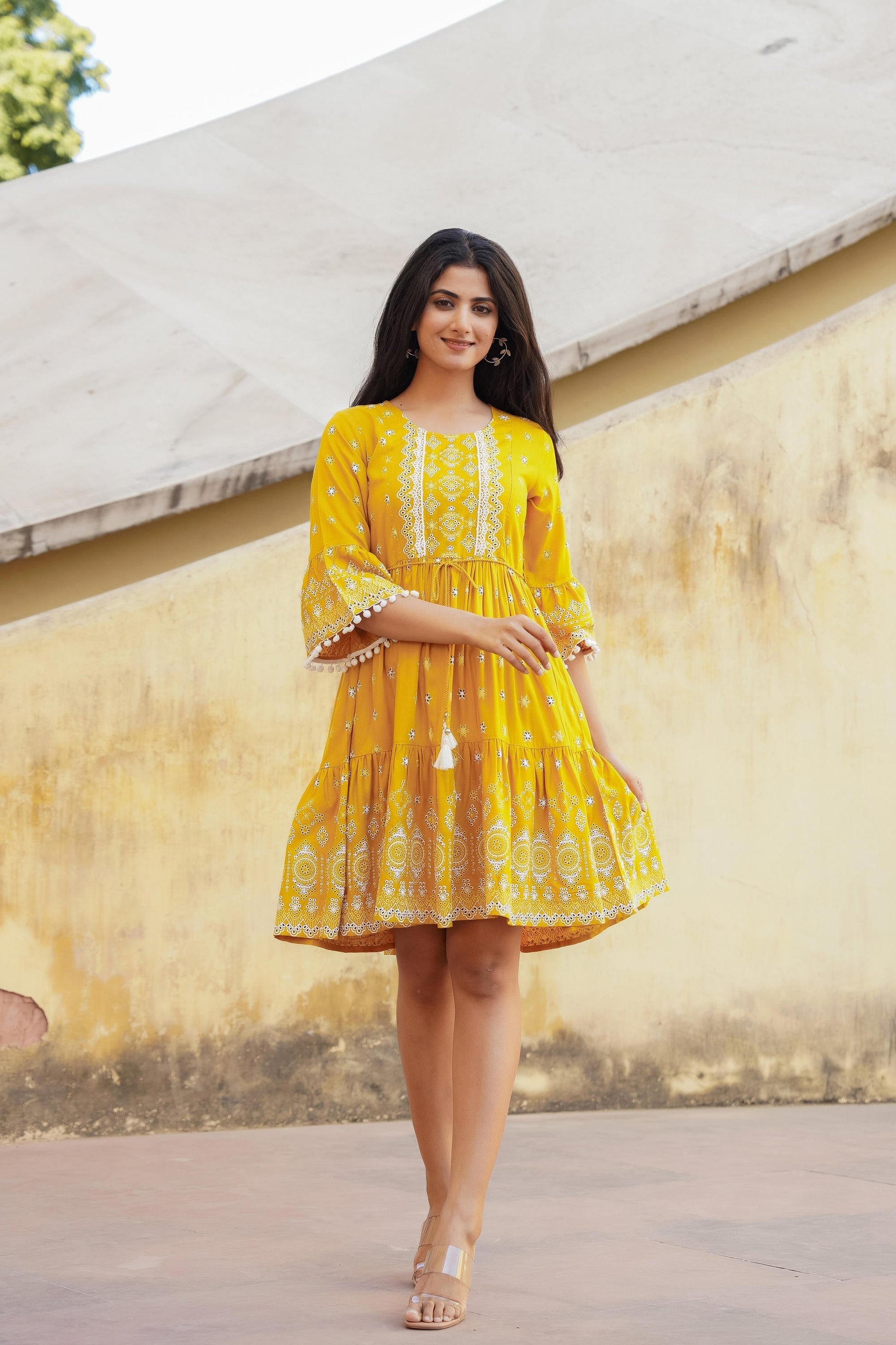 Juniper Mustard Ethnic Motif Printed Viscose Short Dress With Doris & Tassels