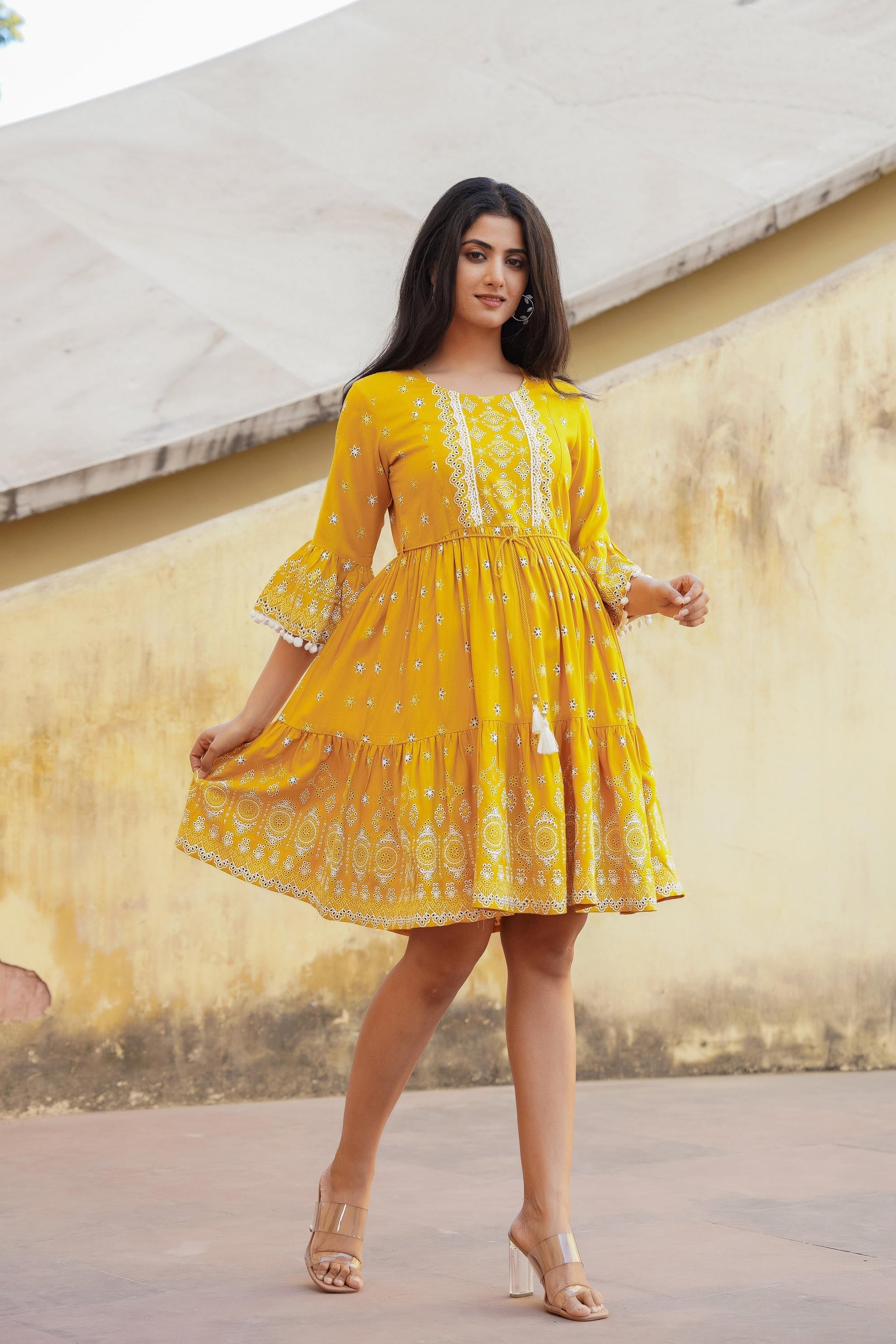 Juniper Mustard Ethnic Motif Printed Viscose Short Dress With Doris & Tassels