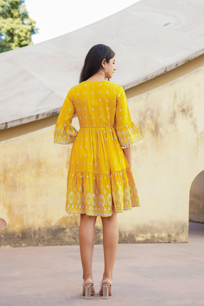 Juniper Mustard Ethnic Motif Printed Viscose Short Dress With Doris & Tassels