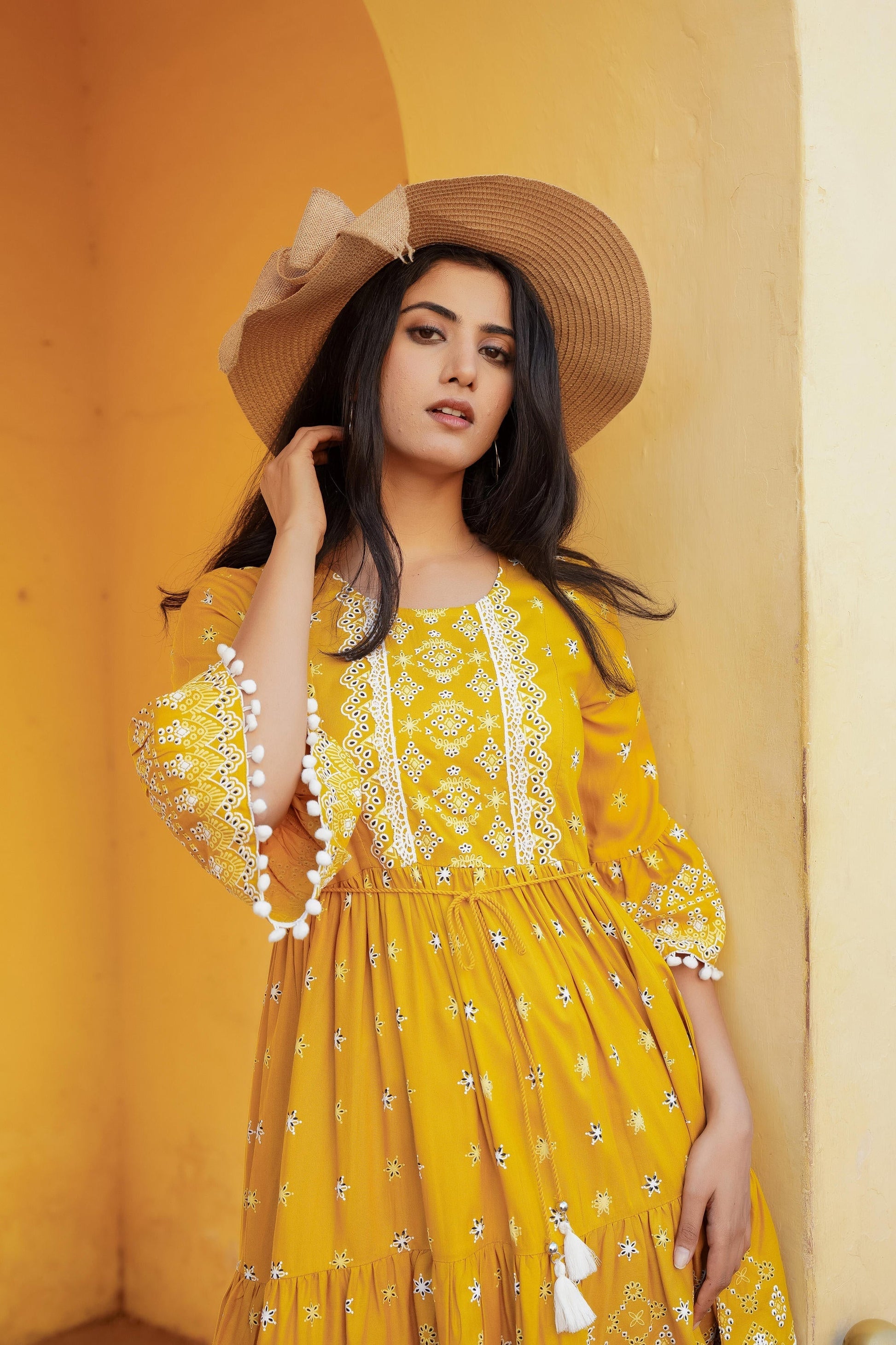 Juniper Mustard Ethnic Motif Printed Viscose Short Dress With Doris & Tassels