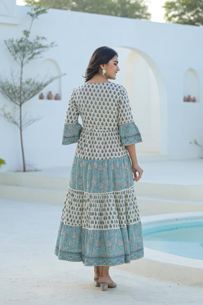 Juniper Sky Blue Ethnic Motif Printed Cotton Long Dress With Doris & Tassels