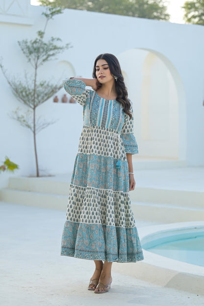 Juniper Sky Blue Ethnic Motif Printed Cotton Long Dress With Doris & Tassels