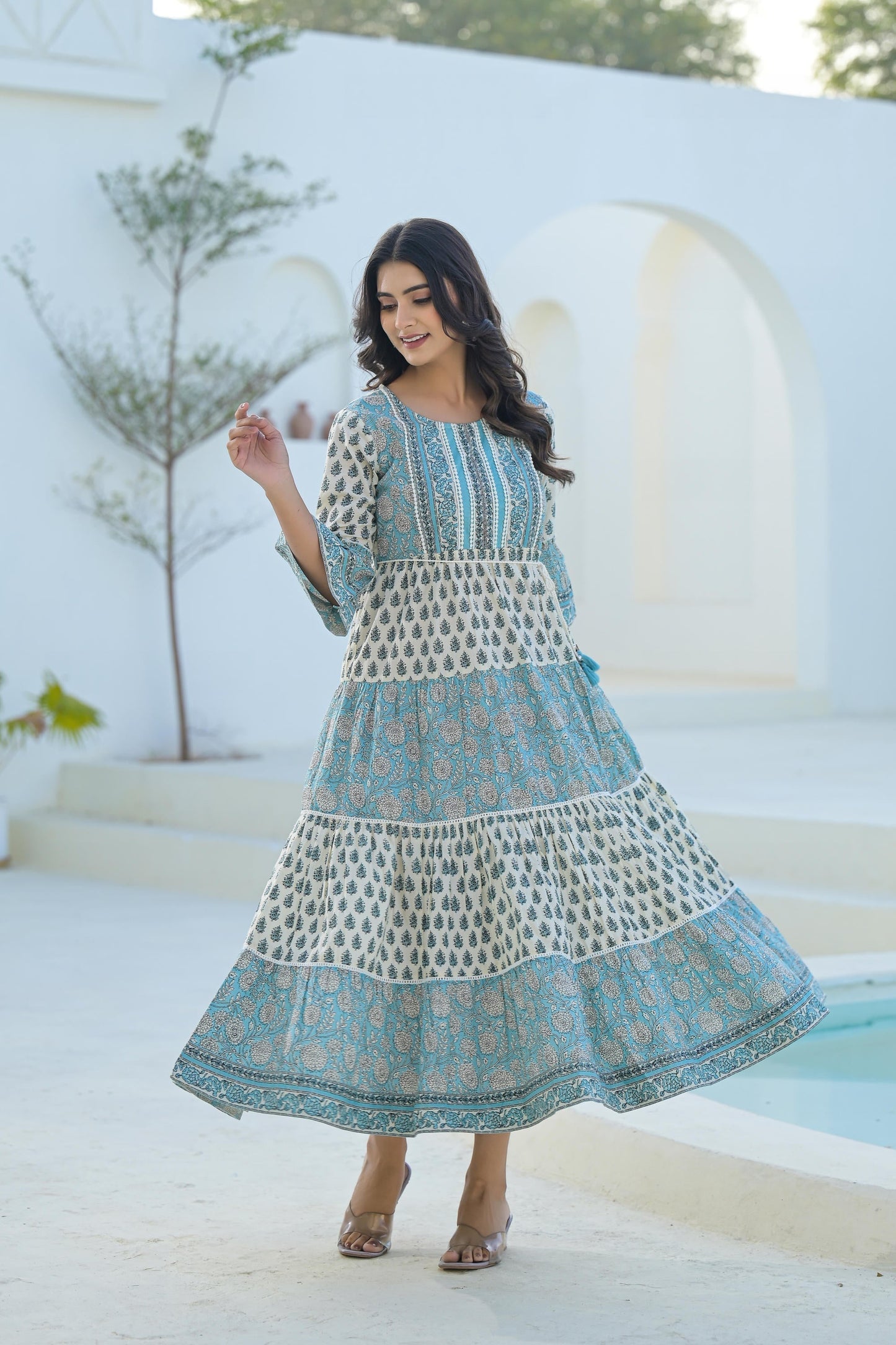 Juniper Sky Blue Ethnic Motif Printed Cotton Long Dress With Doris & Tassels