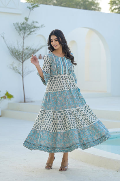 Juniper Sky Blue Ethnic Motif Printed Cotton Long Dress With Doris & Tassels