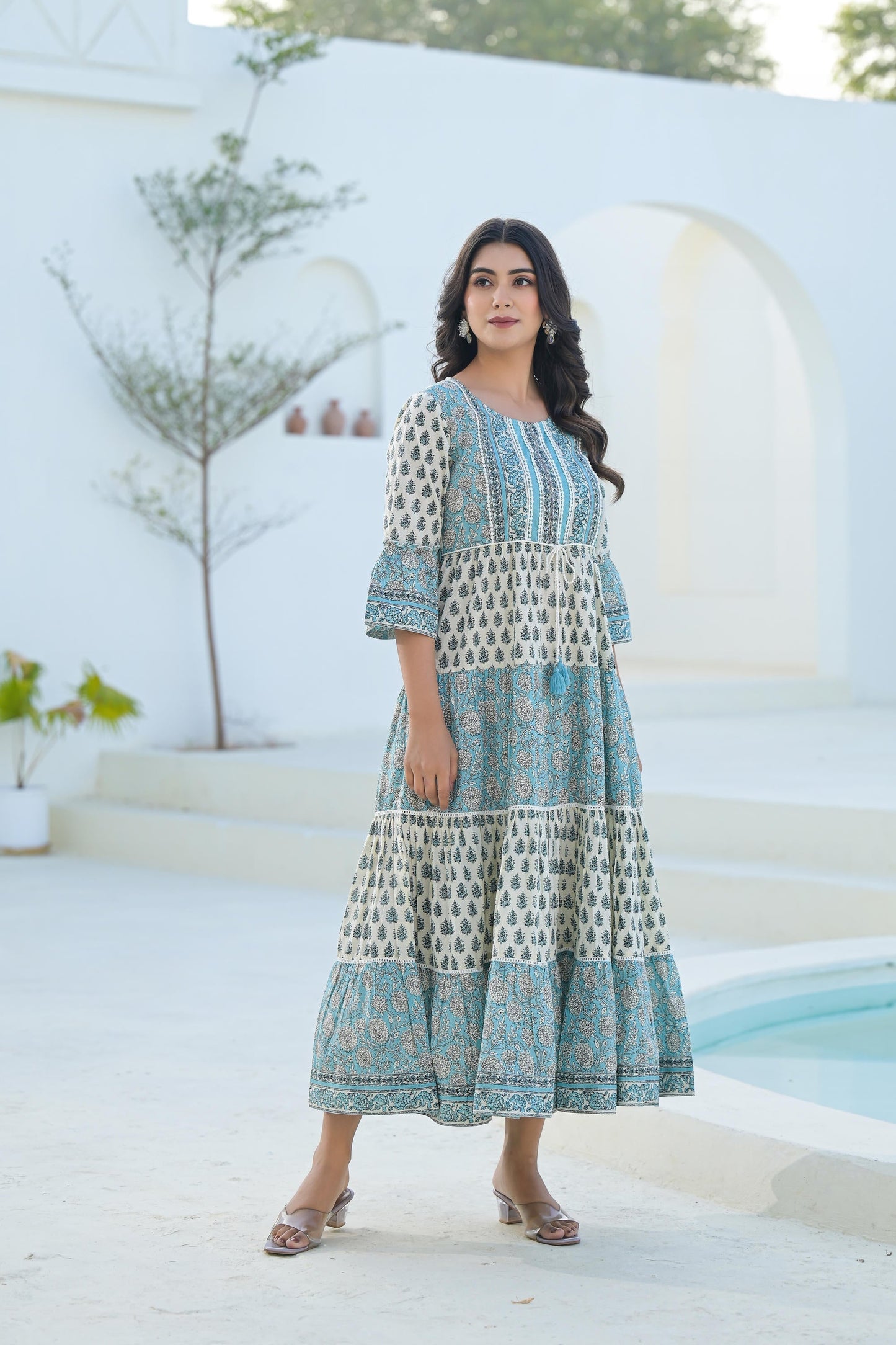Juniper Sky Blue Ethnic Motif Printed Cotton Long Dress With Doris & Tassels