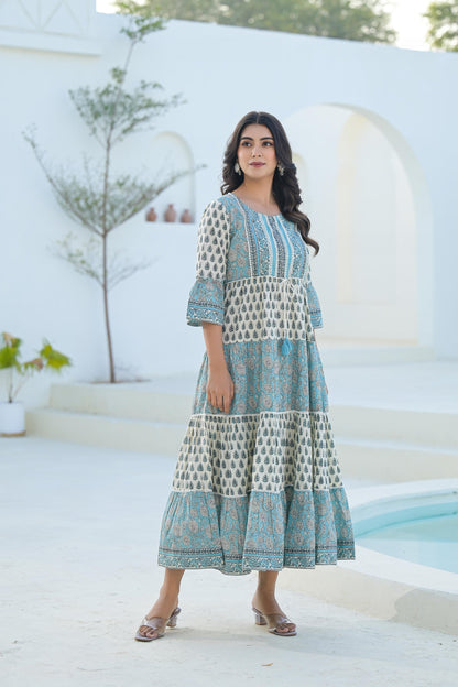 Juniper Sky Blue Ethnic Motif Printed Cotton Long Dress With Doris & Tassels