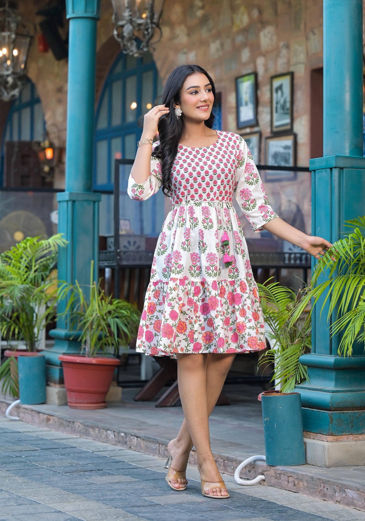 Juniper Off Lime Floral Printed Cotton Short Dress With Doris