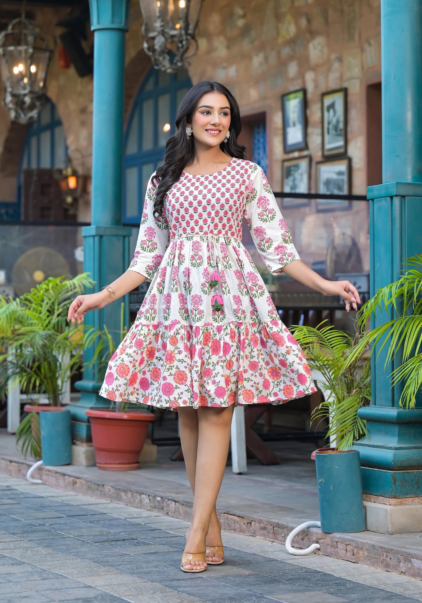 Juniper Off Lime Floral Printed Cotton Short Dress With Doris
