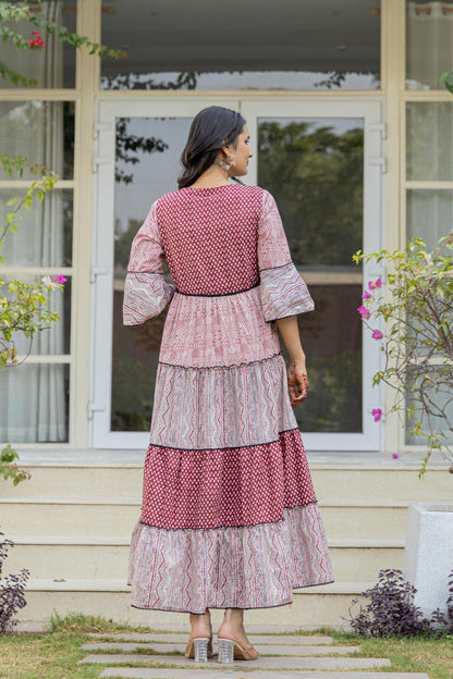Juniper Red Ethnic Motif Printed Cotton Long Dress With Sequins & Doris