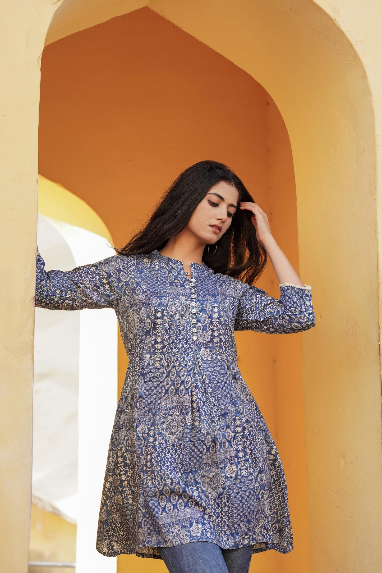 Juniper Blue Ethnic Motif Printed Viscose Tunic With Buttons