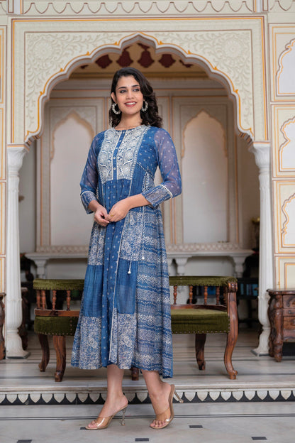 Juniper Blue Floral Embroidered Cotton Dress With Tassels & Denim Look