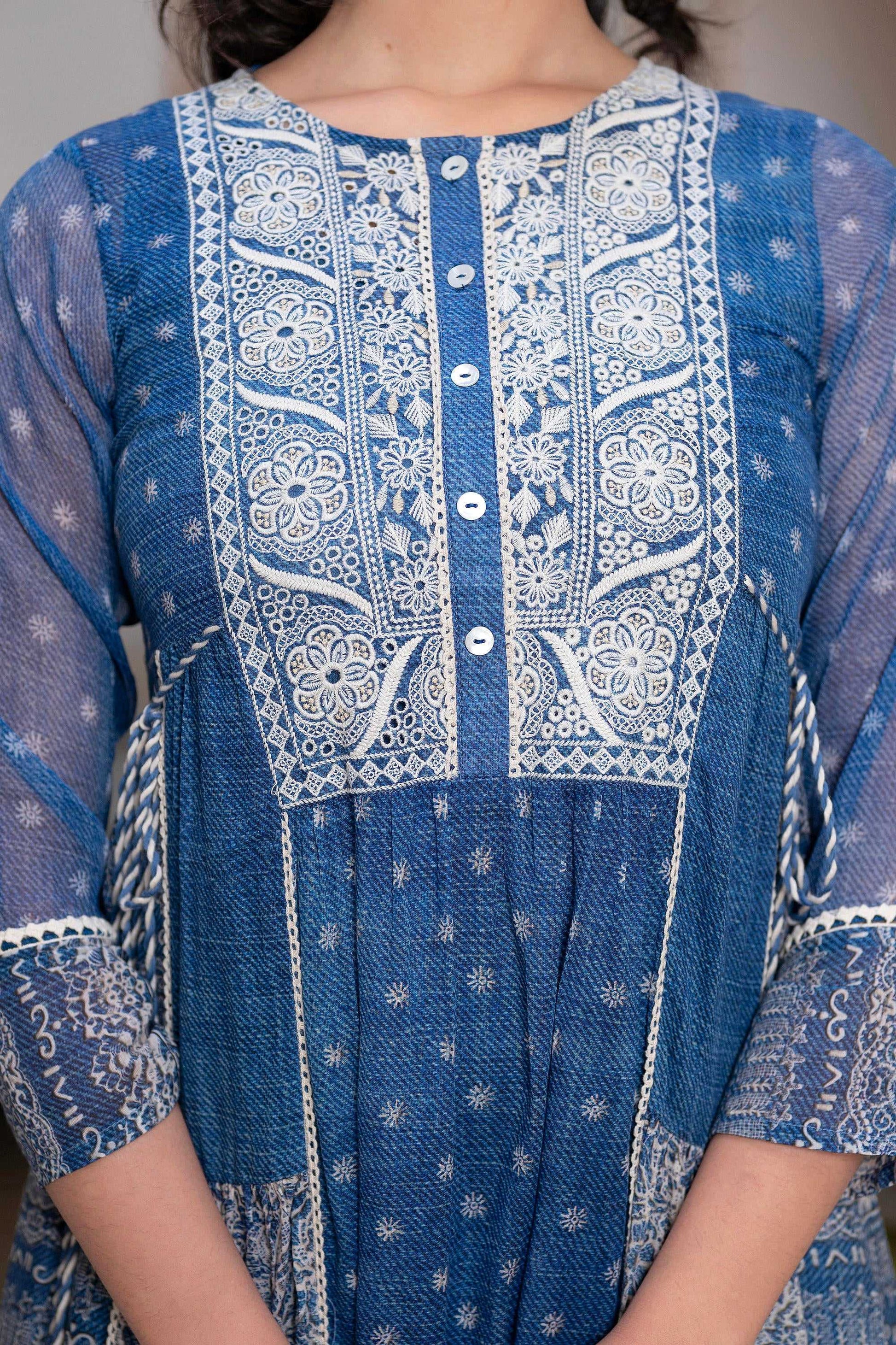Juniper Blue Floral Embroidered Cotton Dress With Tassels & Denim Look