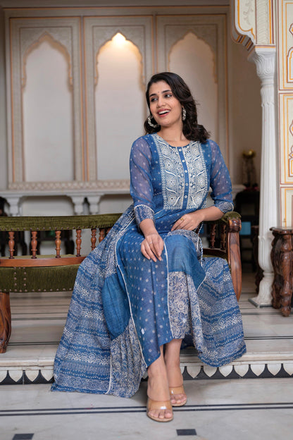 Juniper Blue Floral Embroidered Cotton Dress With Tassels & Denim Look