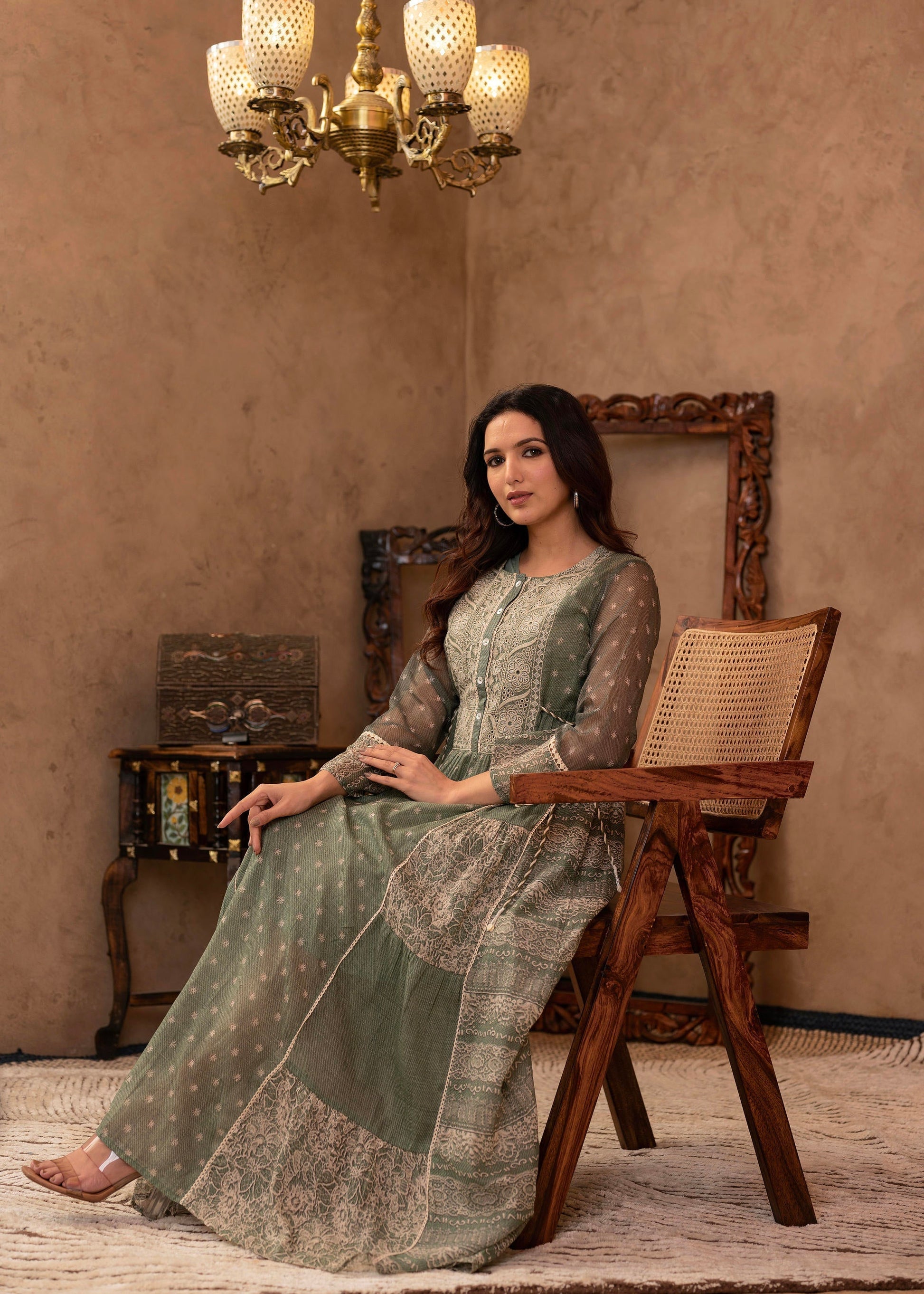 Juniper Green Floral Embroidered Cotton Dress With Tassels & Denim Look