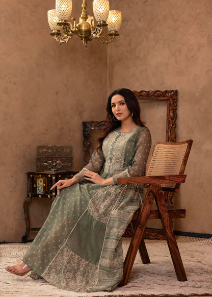 Juniper Green Floral Embroidered Cotton Dress With Tassels & Denim Look
