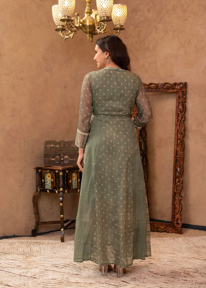 Juniper Green Floral Embroidered Cotton Dress With Tassels & Denim Look