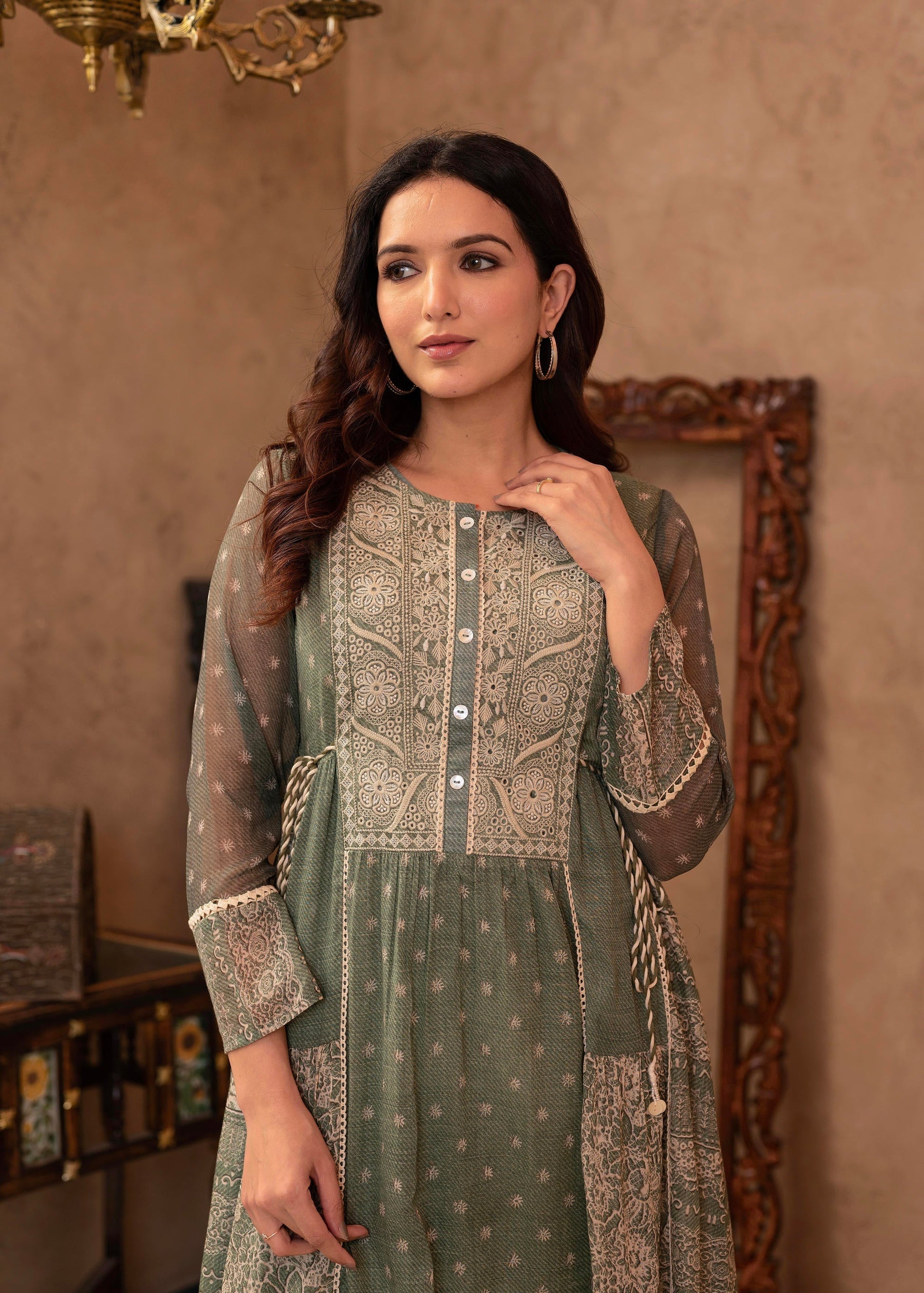 Juniper Green Floral Embroidered Cotton Dress With Tassels & Denim Look