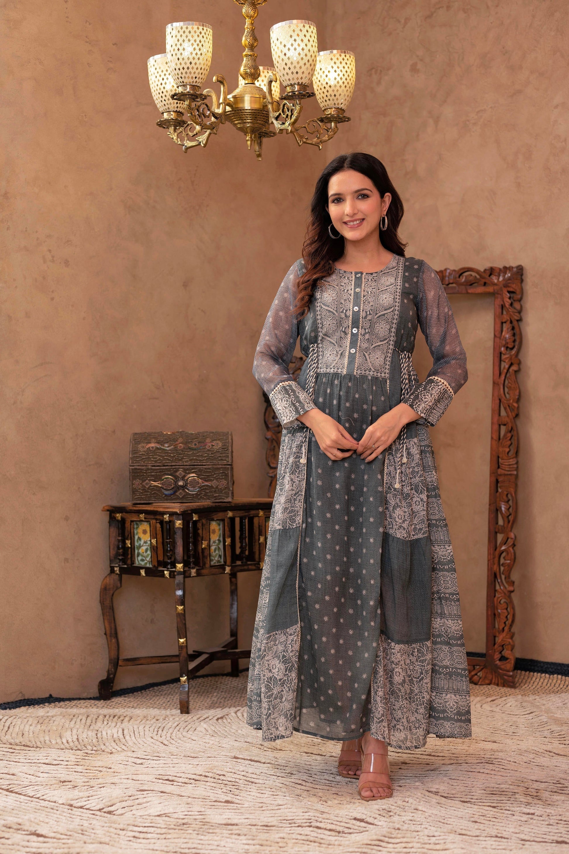 Juniper Grey Floral Embroidered Cotton Dress With Tassels & Denim Look