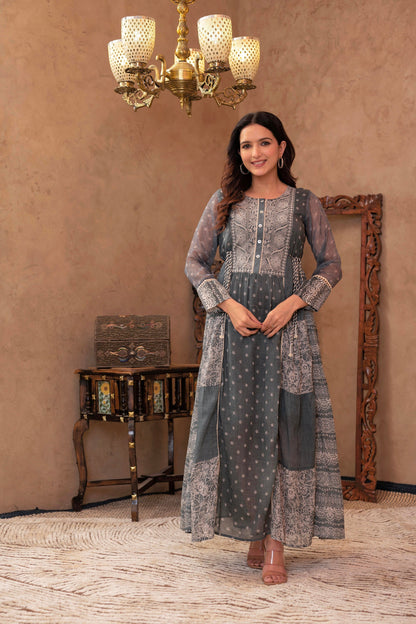 Juniper Grey Floral Embroidered Cotton Dress With Tassels & Denim Look