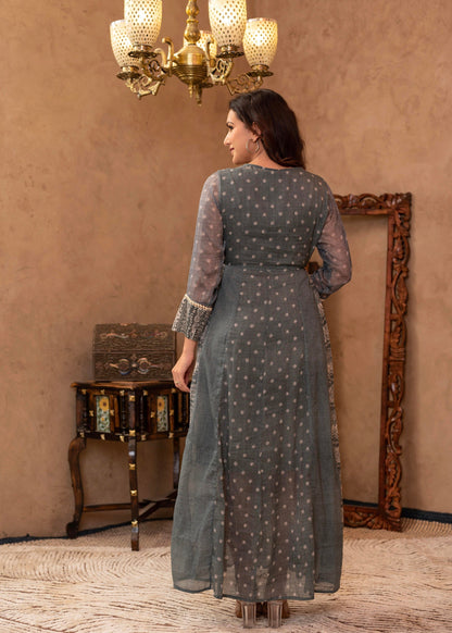 Juniper Grey Floral Embroidered Cotton Dress With Tassels & Denim Look