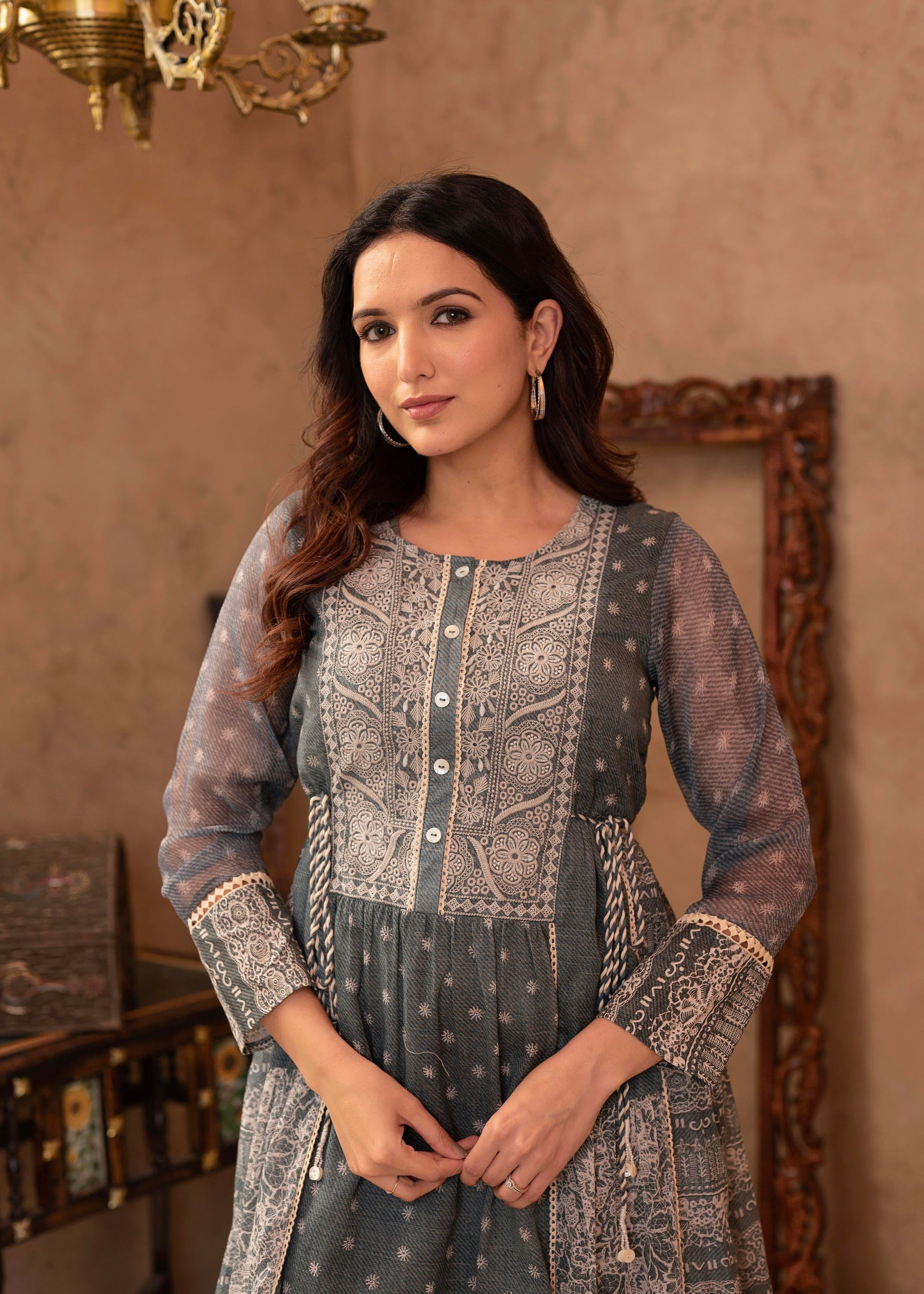 Juniper Grey Floral Embroidered Cotton Dress With Tassels & Denim Look