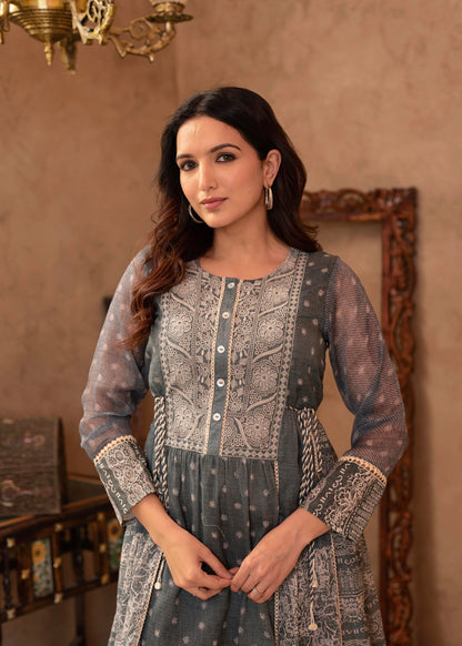 Juniper Grey Floral Embroidered Cotton Dress With Tassels & Denim Look