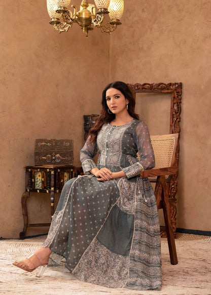 Juniper Grey Floral Embroidered Cotton Dress With Tassels & Denim Look