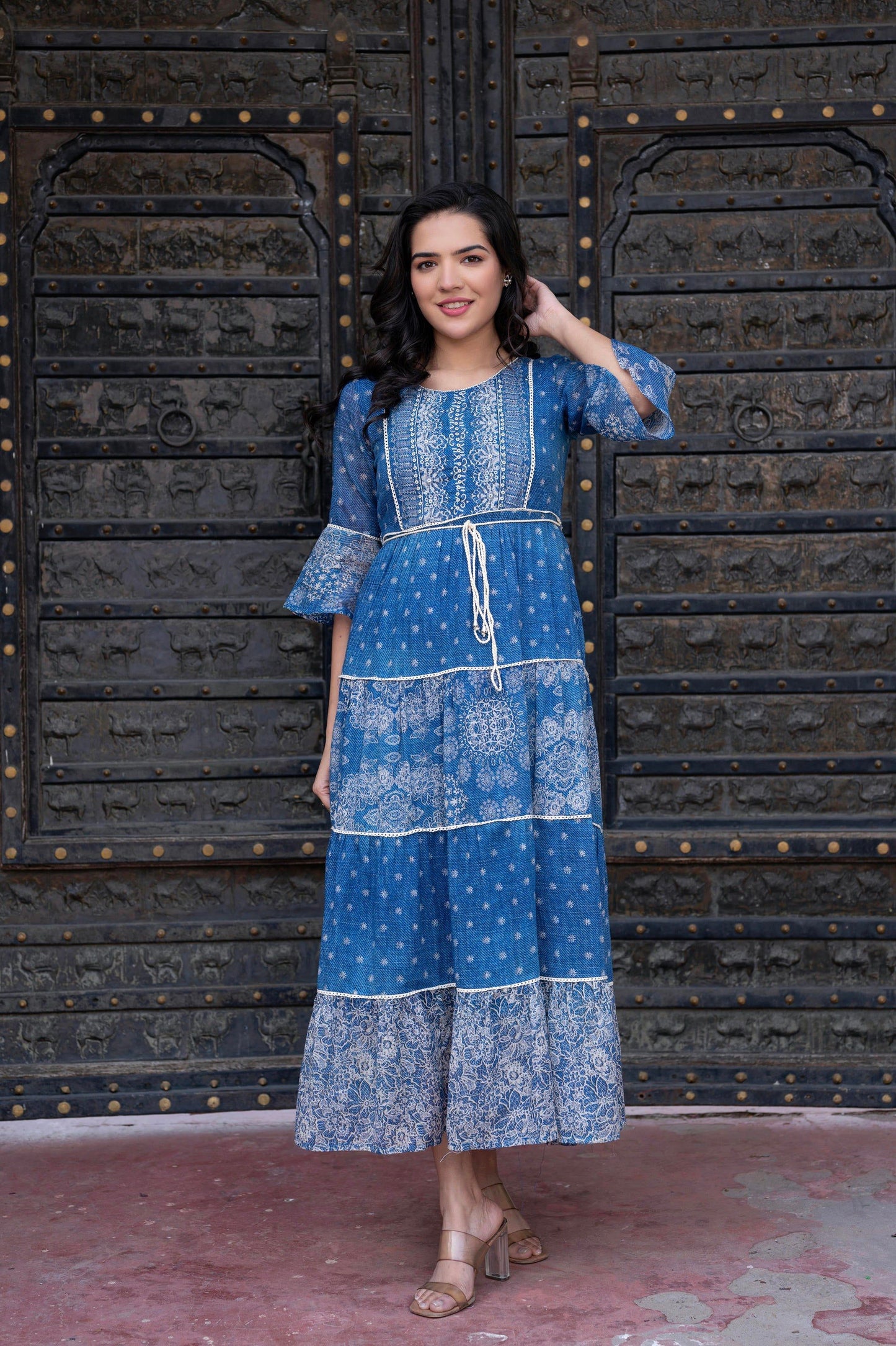 Juniper Blue Floral Printed Cotton Dress With Dori, Cotton Lace & Bead Work