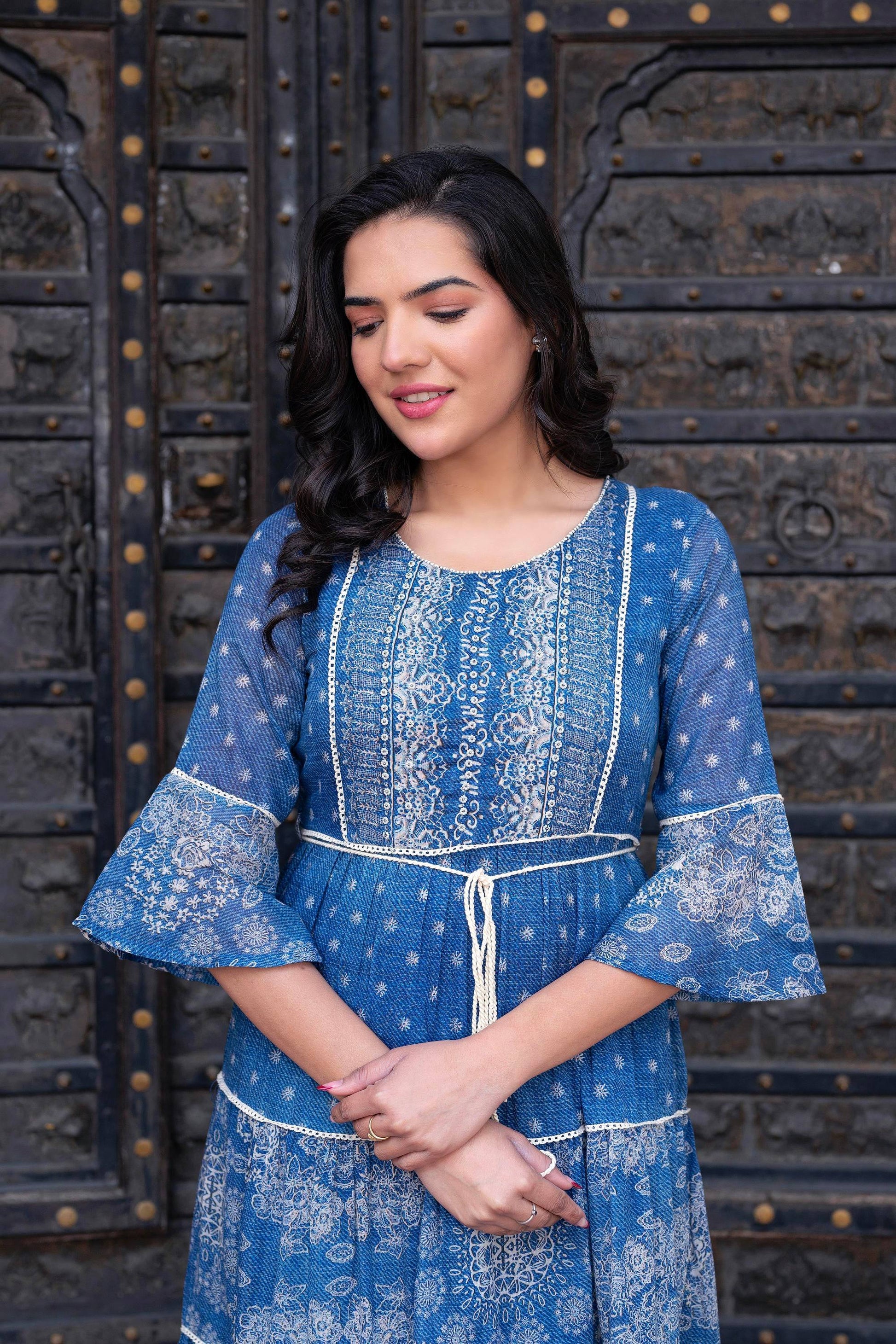 Juniper Blue Floral Printed Cotton Dress With Dori, Cotton Lace & Bead Work