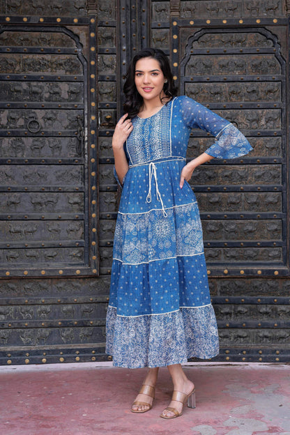 Juniper Blue Floral Printed Cotton Dress With Dori, Cotton Lace & Bead Work