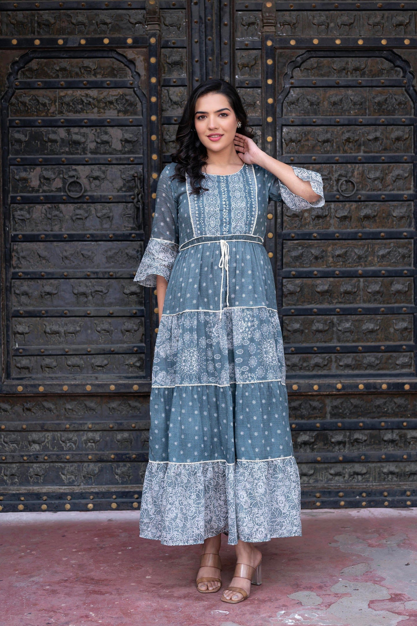 Juniper Grey Floral Printed Cotton Dress With Dori, Cotton Lace & Bead Work