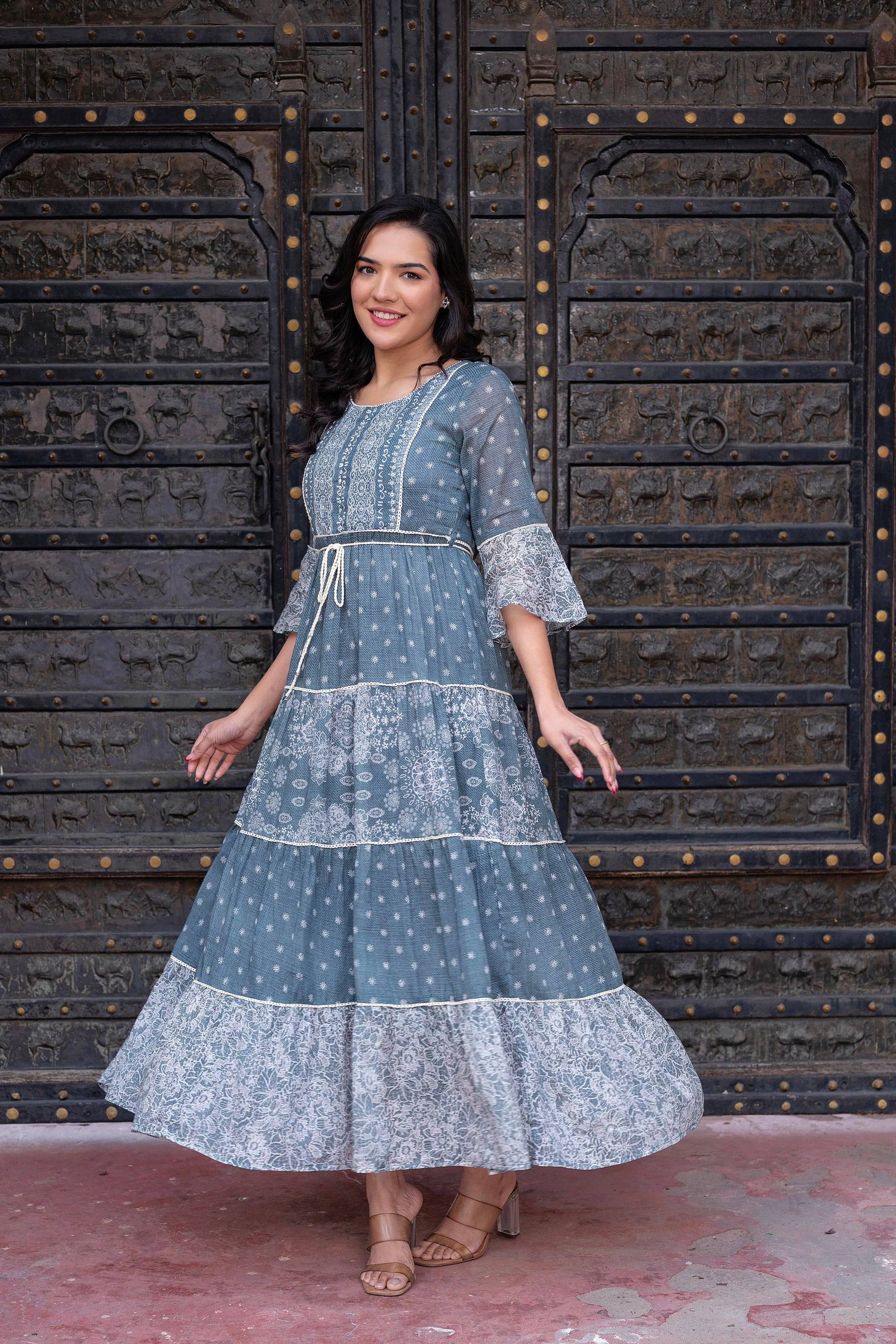 Juniper Grey Floral Printed Cotton Dress With Dori, Cotton Lace & Bead Work
