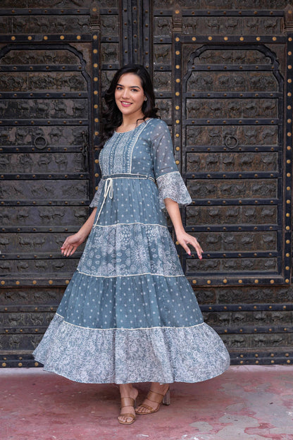 Juniper Grey Floral Printed Cotton Dress With Dori, Cotton Lace & Bead Work