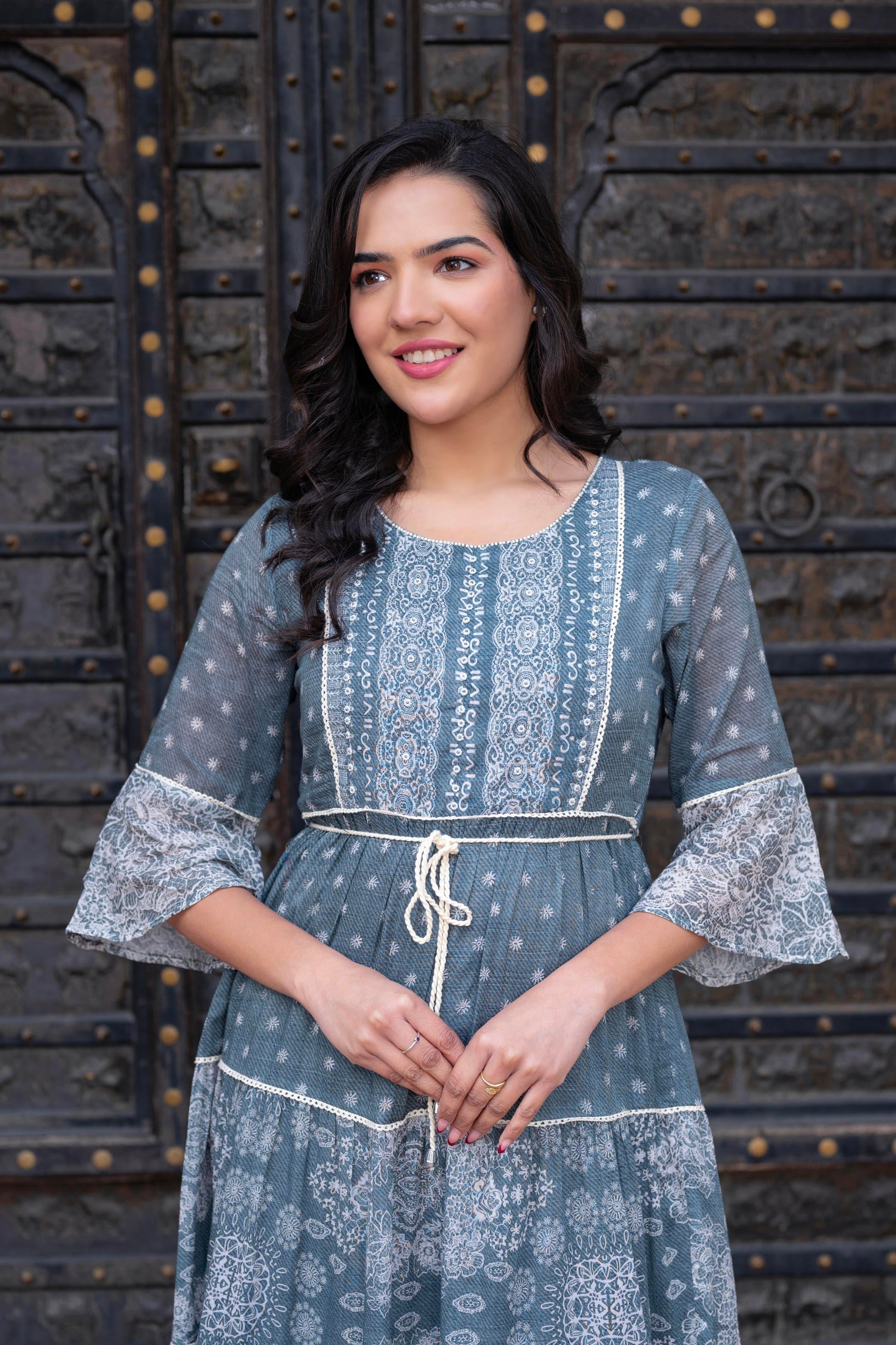 Juniper Grey Floral Printed Cotton Dress With Dori, Cotton Lace & Bead Work