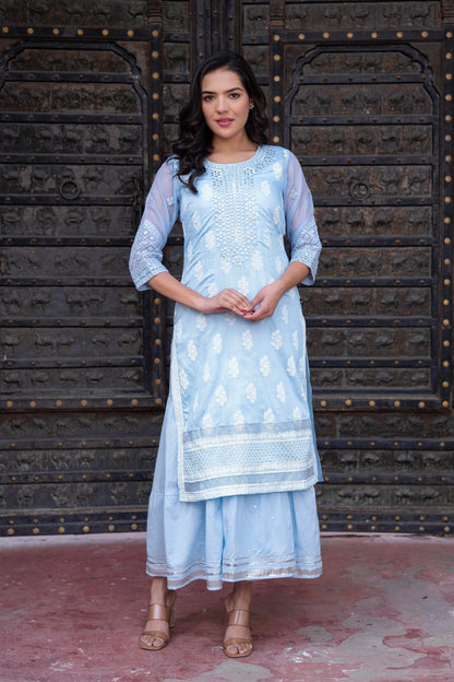 Juniper Sky Blue Chanderi Floral Mirror Embroidered Dress With Gota Lace & Glitter Work