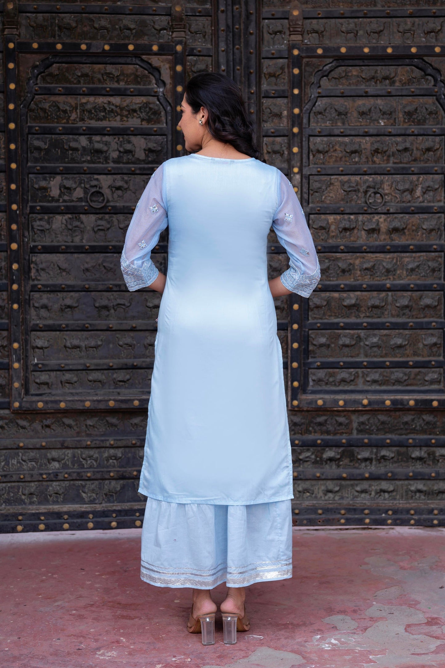 Juniper Sky Blue Chanderi Floral Mirror Embroidered Dress With Gota Lace & Glitter Work