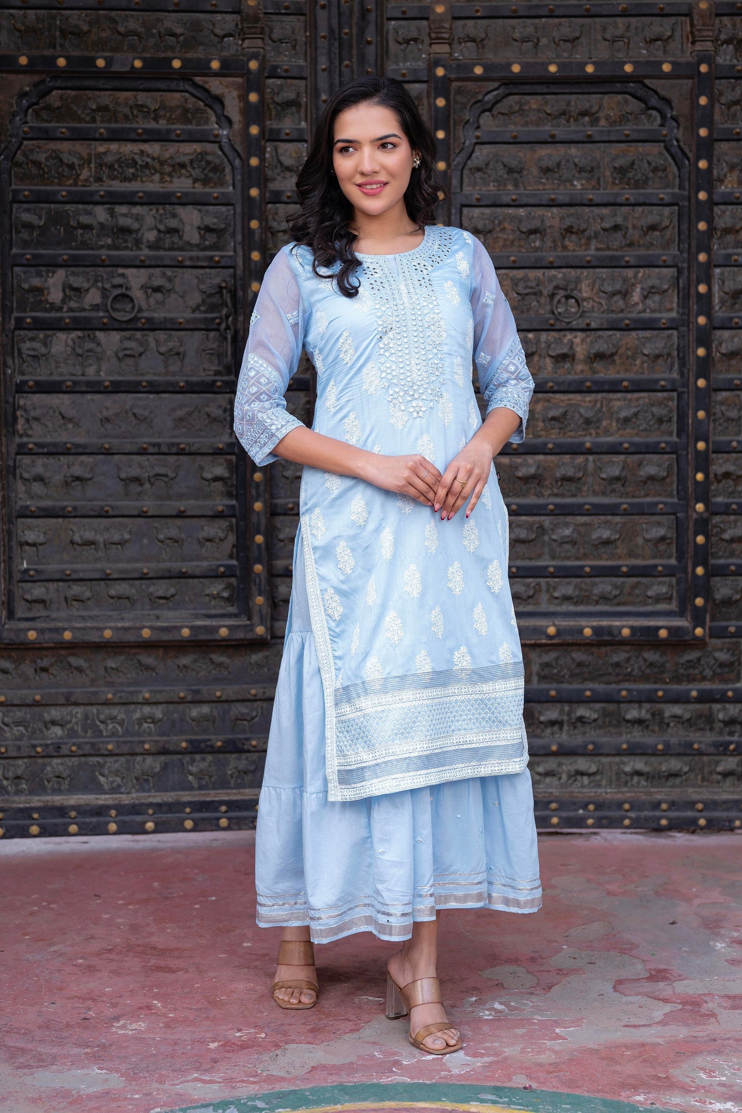 Juniper Sky Blue Chanderi Floral Mirror Embroidered Dress With Gota Lace & Glitter Work