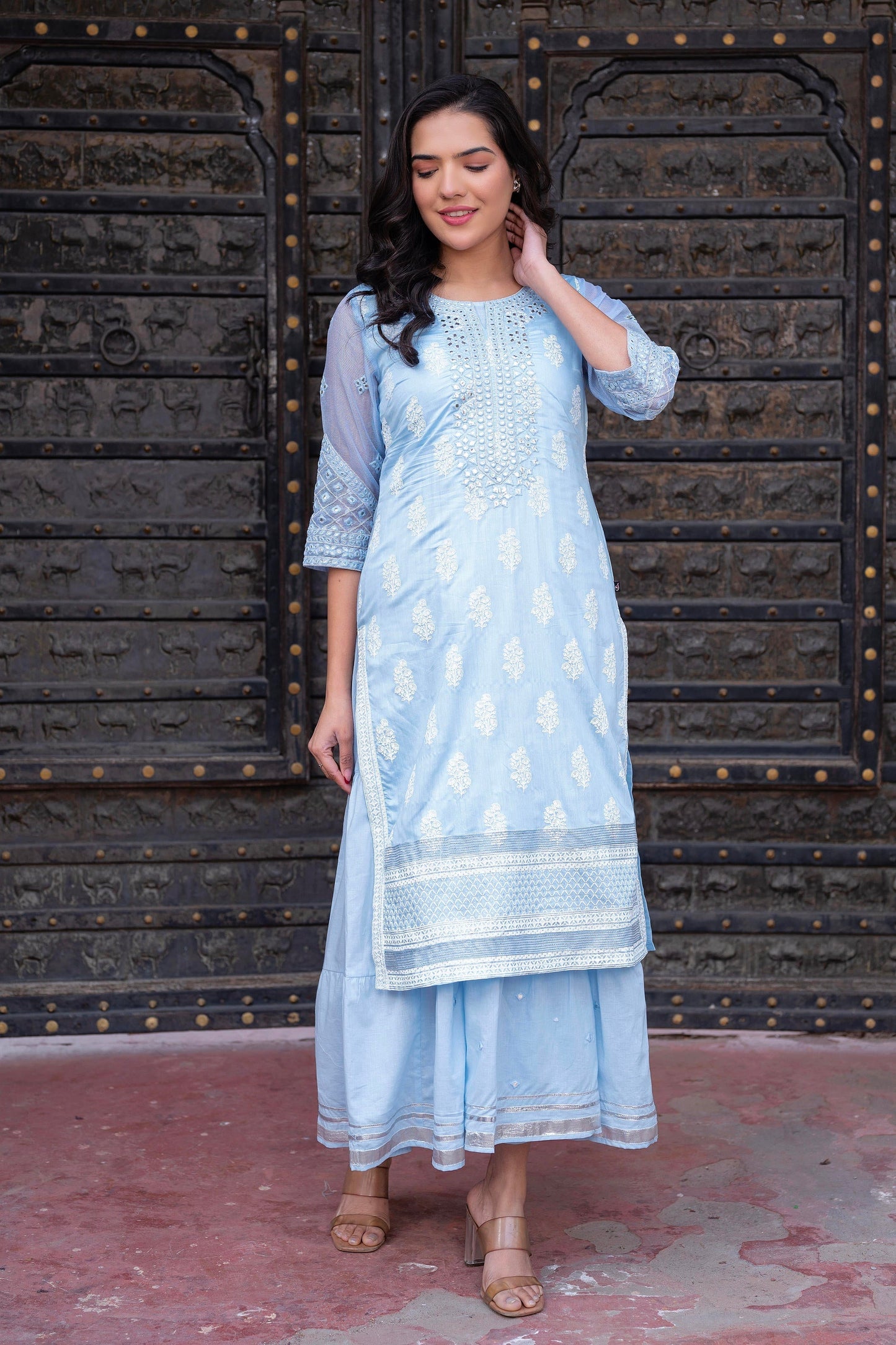 Juniper Sky Blue Chanderi Floral Mirror Embroidered Dress With Gota Lace & Glitter Work