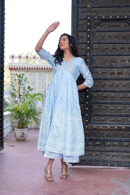 Juniper Sky Blue Chanderi Geometric Printed Mirror Embroidered Dress With Gota Lace & Glitter Work