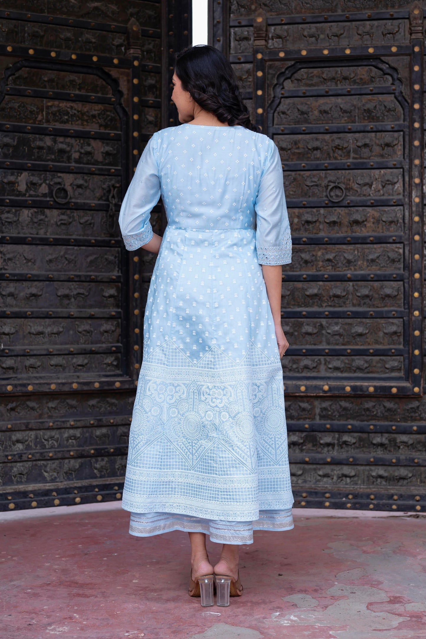 Juniper Sky Blue Chanderi Geometric Printed Mirror Embroidered Dress With Gota Lace & Glitter Work
