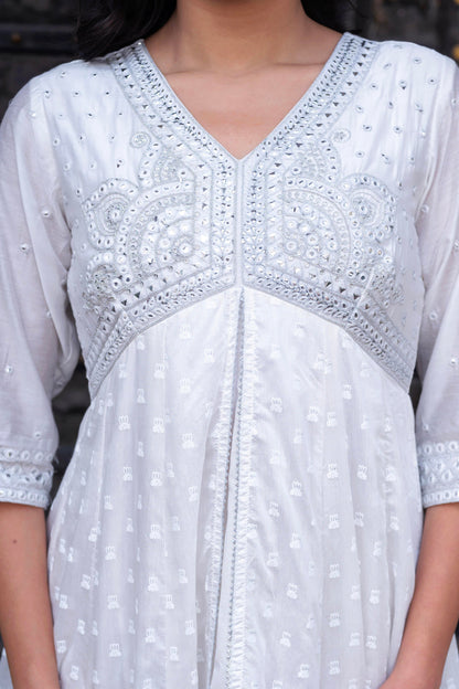 Juniper White Chanderi Geometric Printed Dress With Mirror Embroidery, Gota Lace & Glitter Work