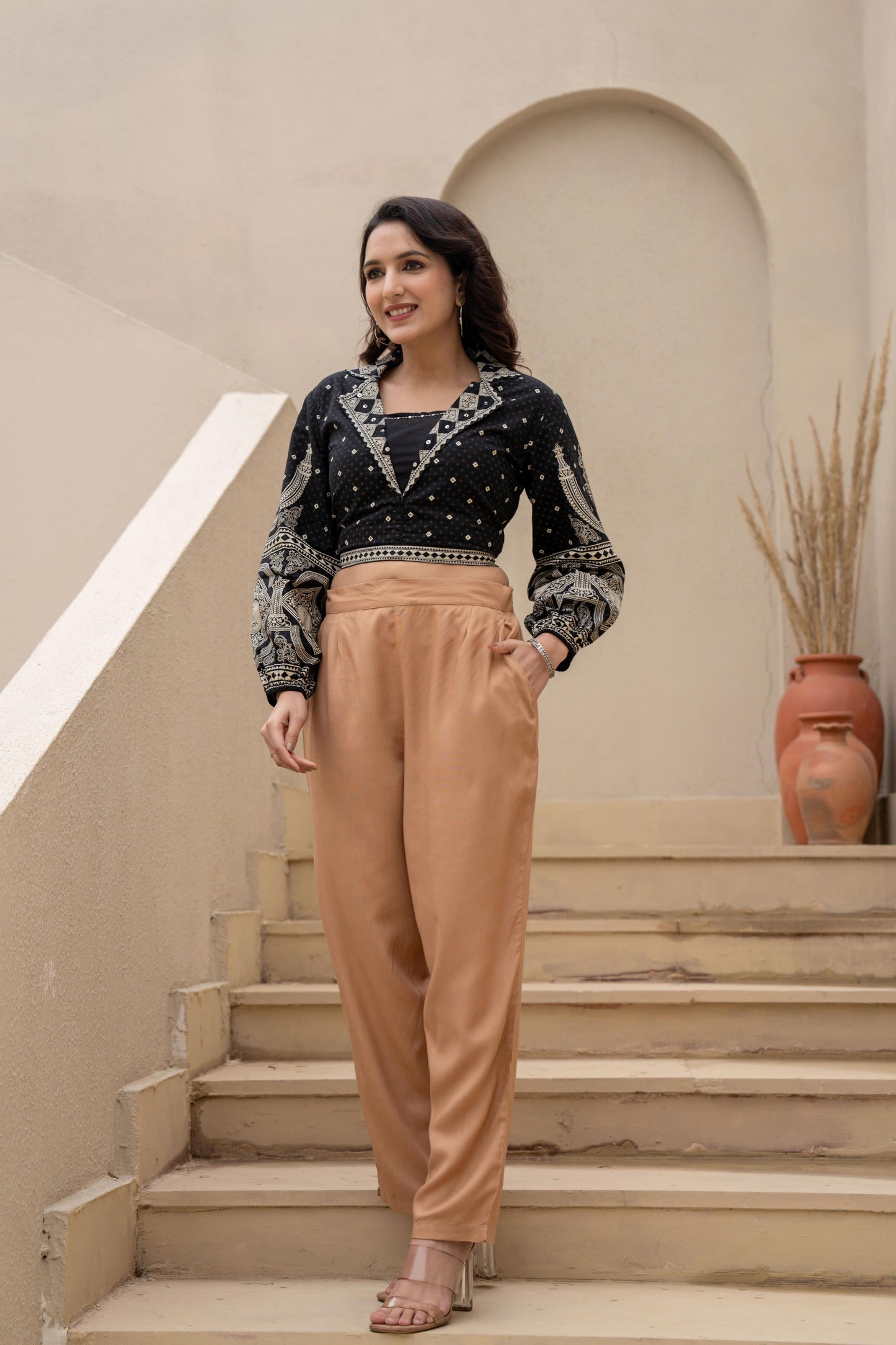 Juniper Beige Solid Viscose Pants