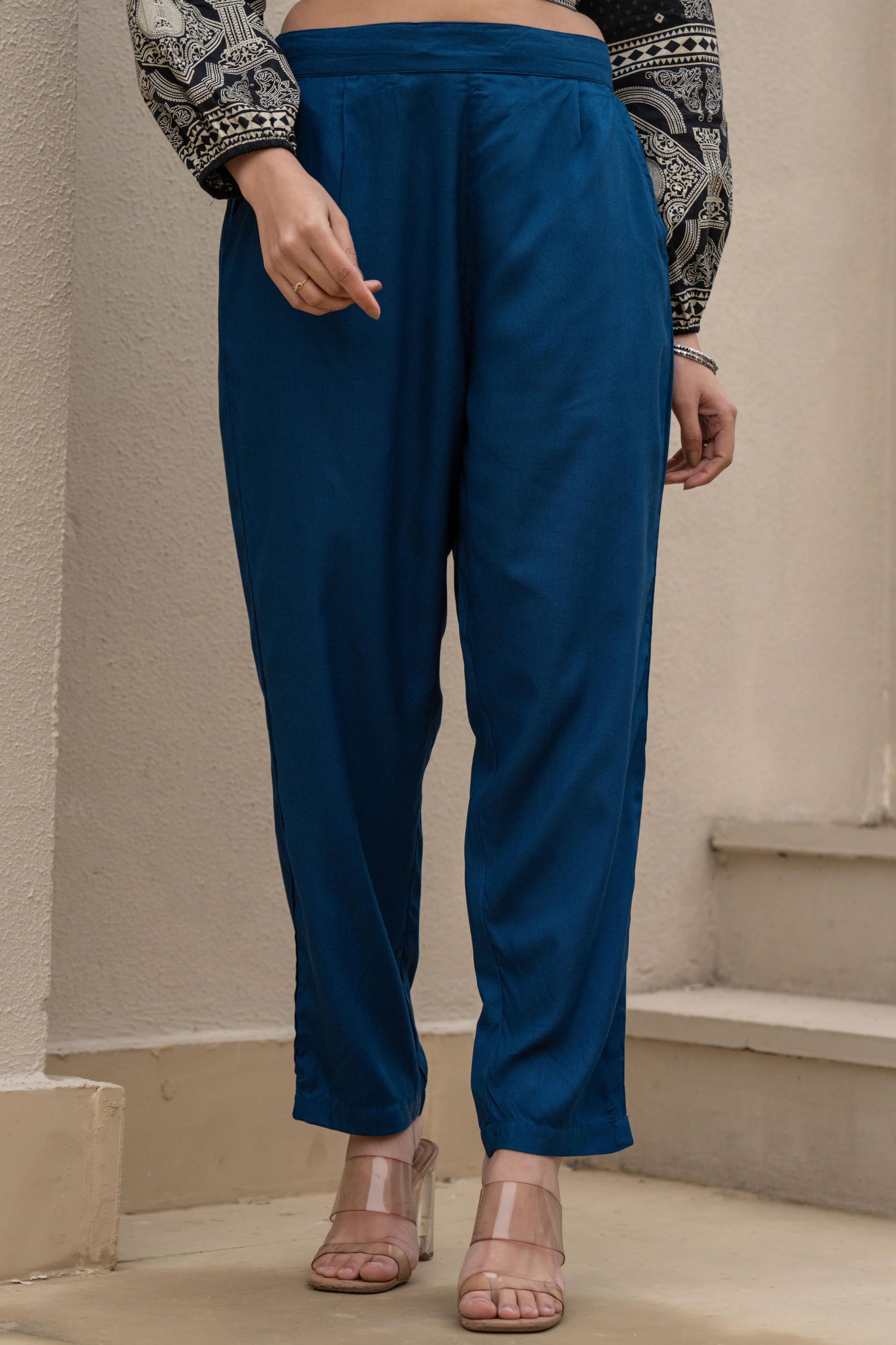 Juniper Navy Solid Viscose Pants