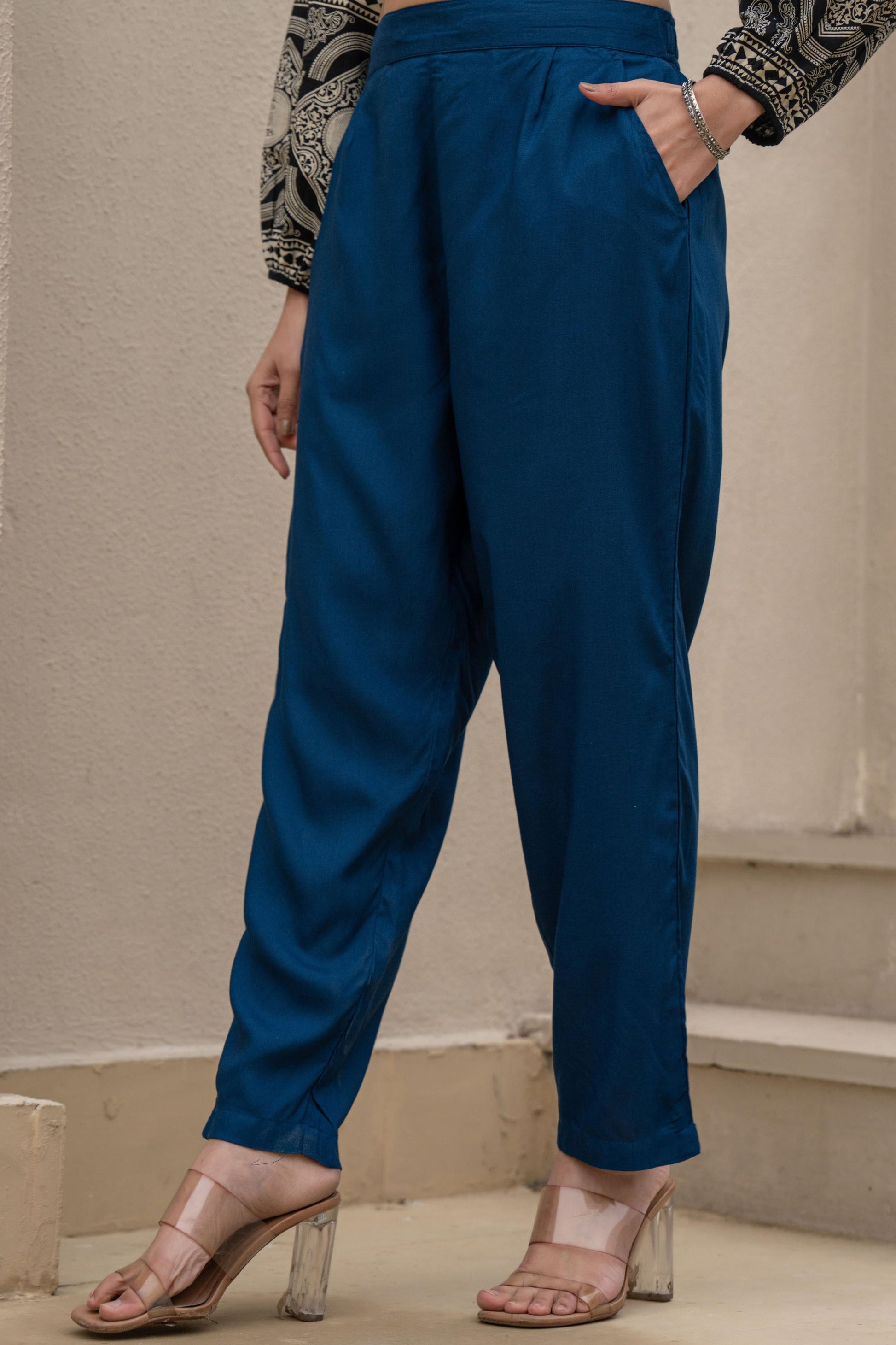 Juniper Navy Solid Viscose Pants