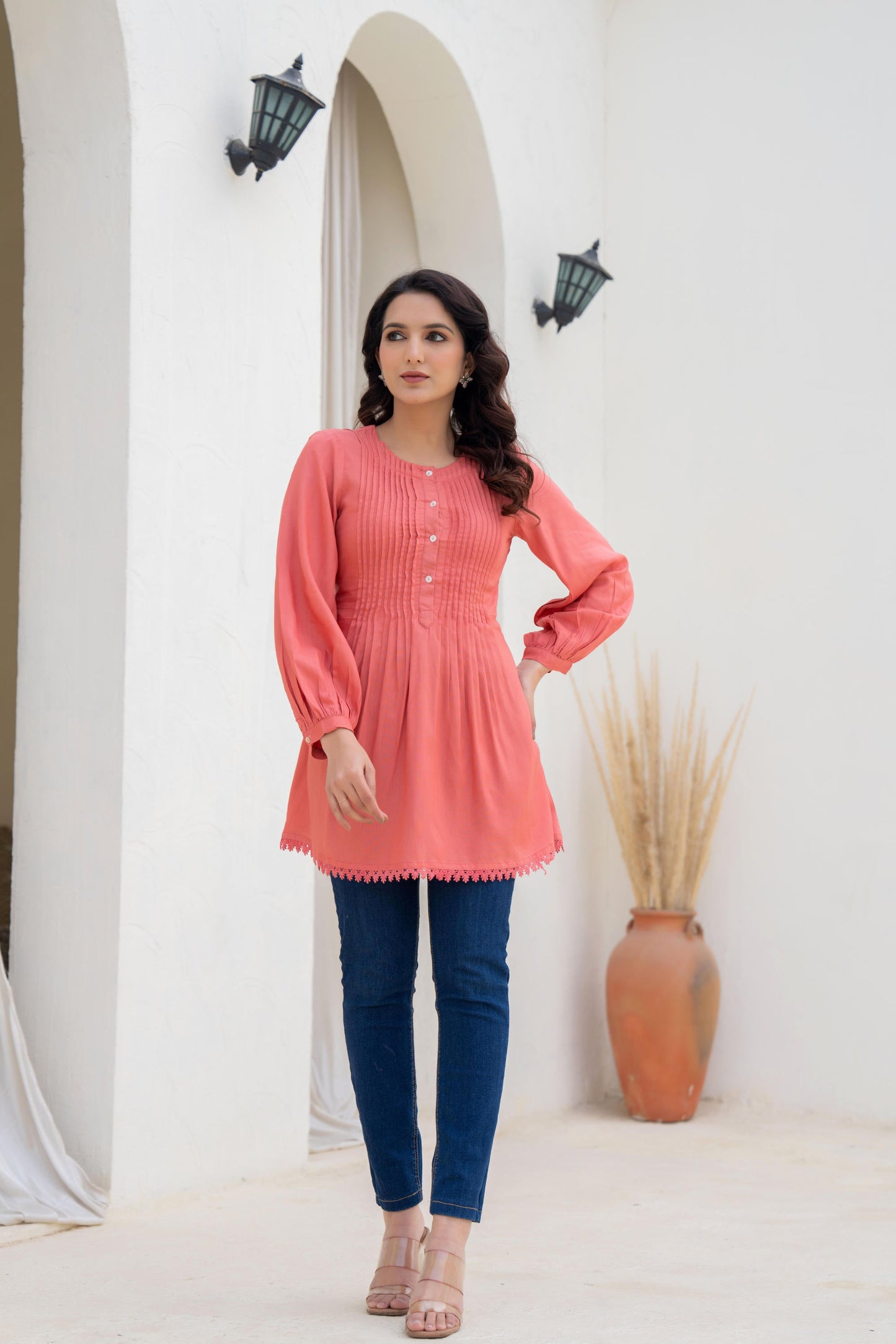 Juniper Coral Solid Viscose Tunic With Buttons & Lace