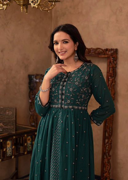 Juniper Green Floral Embroidered Cotton Dress With Button Details