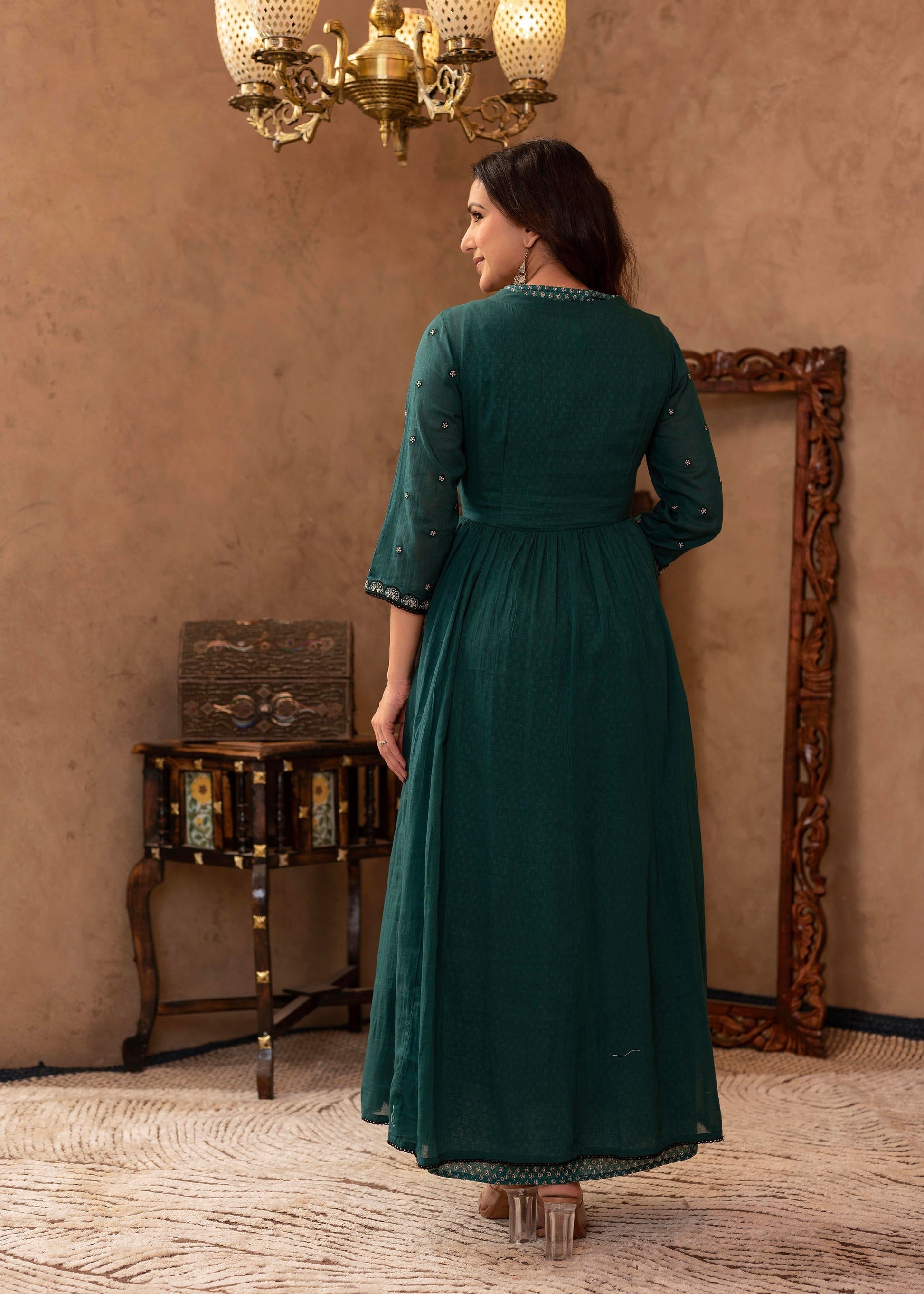Juniper Green Floral Embroidered Cotton Dress With Button Details