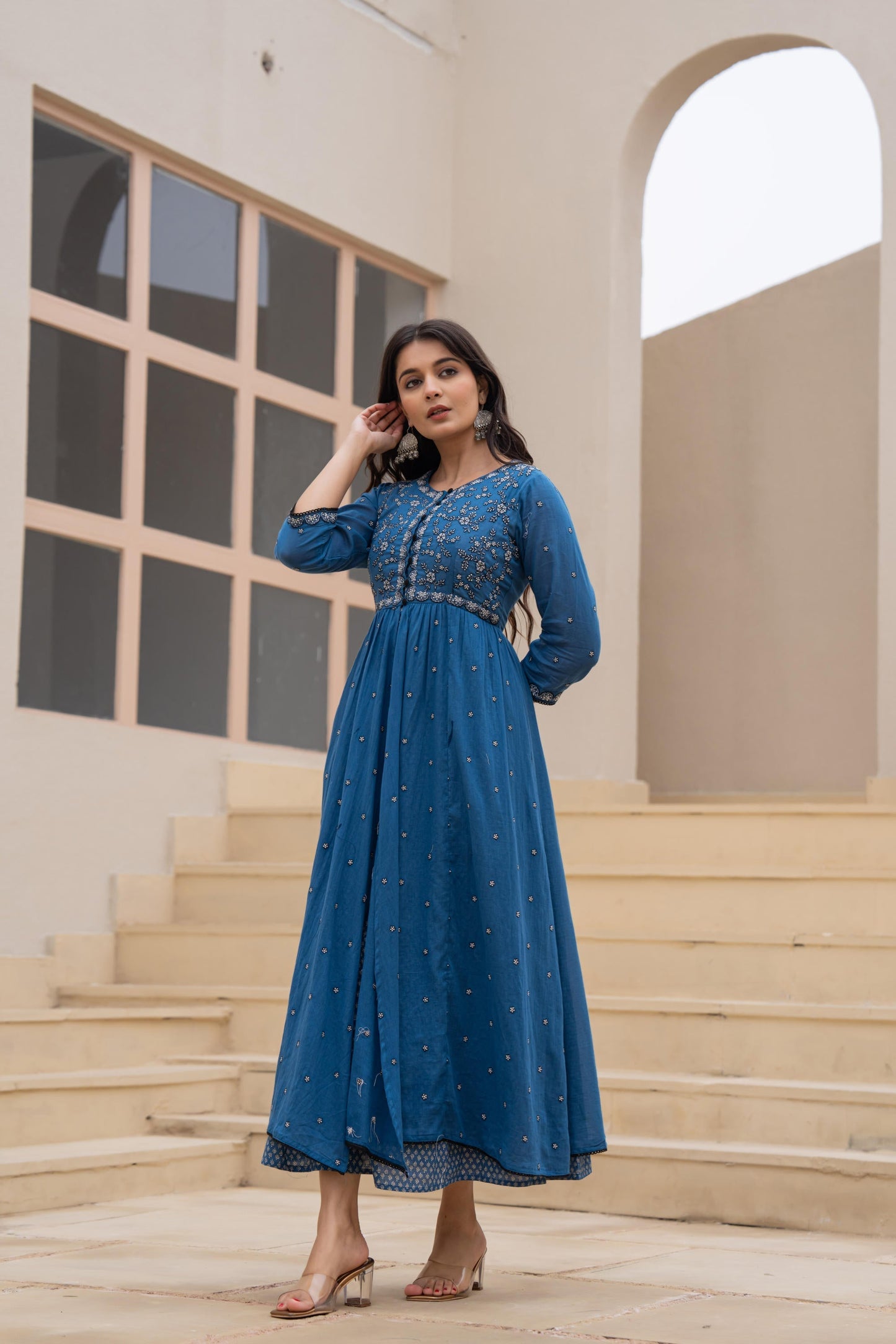 Juniper Indigo Floral Embroidered Cotton Dress With Button Closure & Cotton Lace