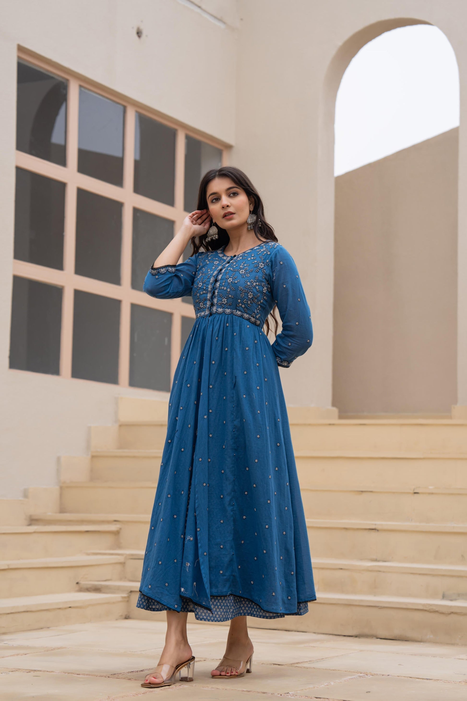 Juniper Indigo Floral Embroidered Cotton Dress With Button Closure & Cotton Lace