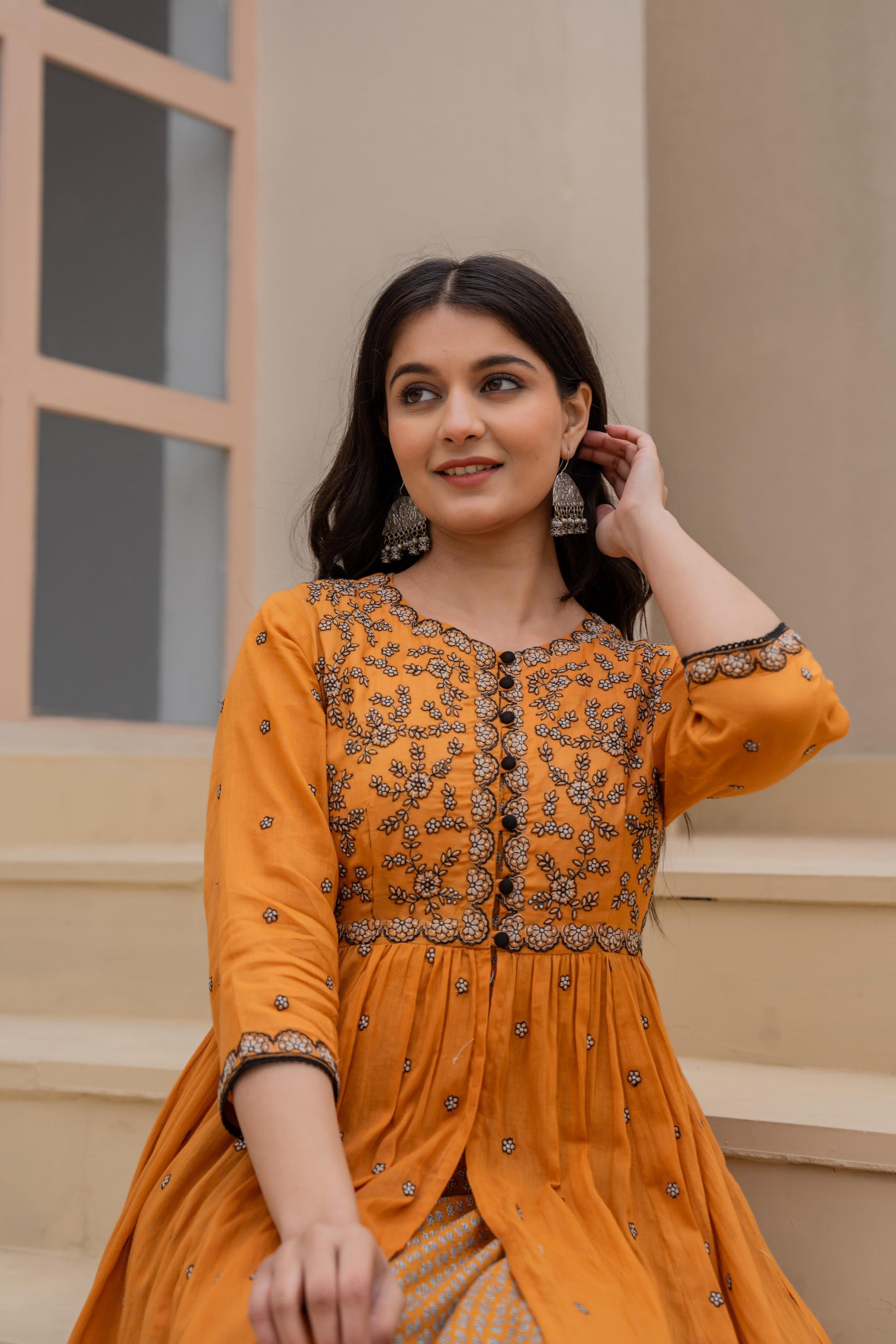 Juniper Mustard Floral Embroidered Cotton Dress With Button Closure & Cotton Lace